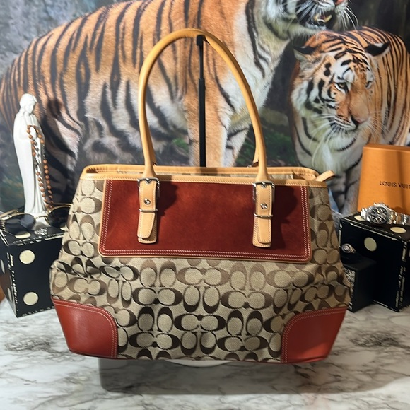 Coach VINTAGE Signature Tote Zip Top Canvas Fabric Rust Suede Top Handle Bag EUC - Picture 8 of 16